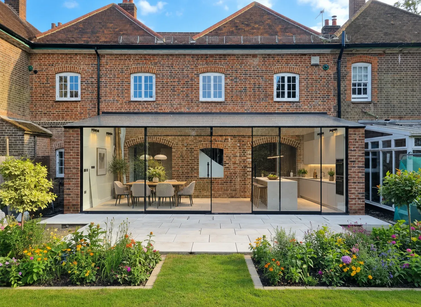 Design visualisation of a glass kitchen extension with dining furniture on the left and a contemporary kitchen on the right