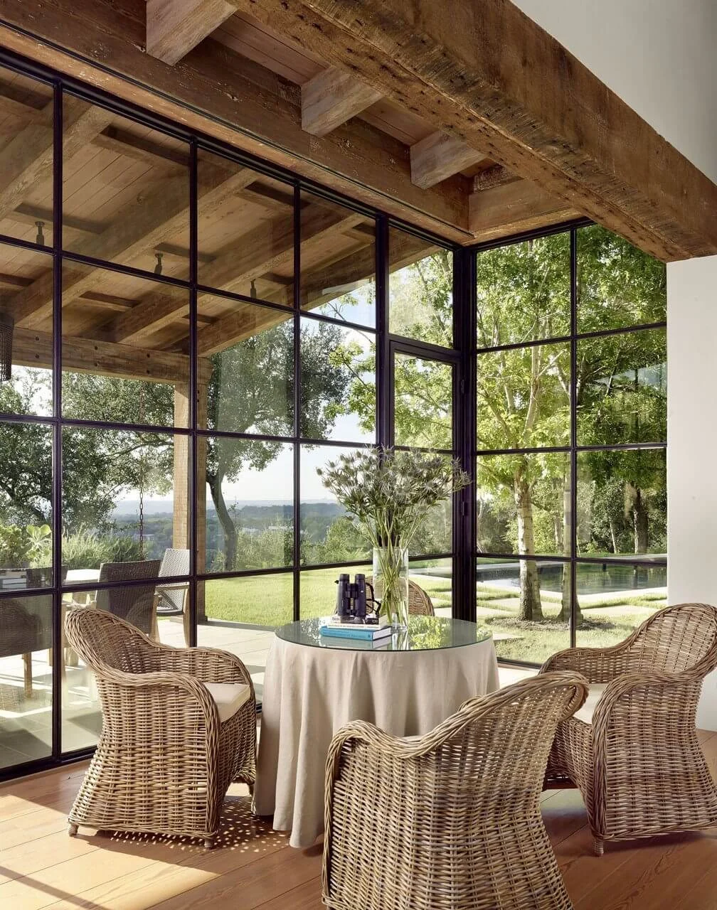 Black steel-style framed glazing overlooking a garden