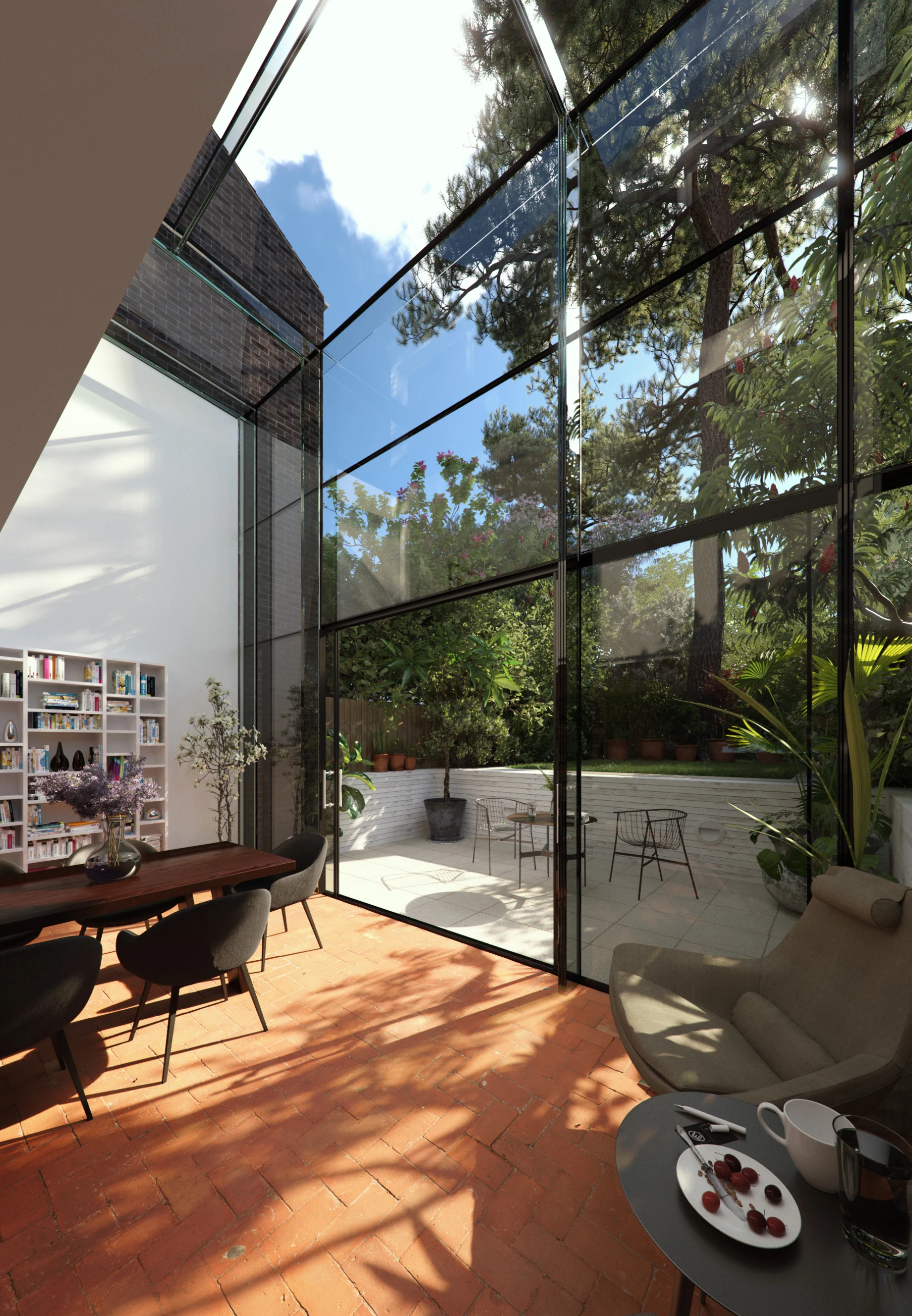 Double-height architectural glazing overlooking a garden at Wimbledon