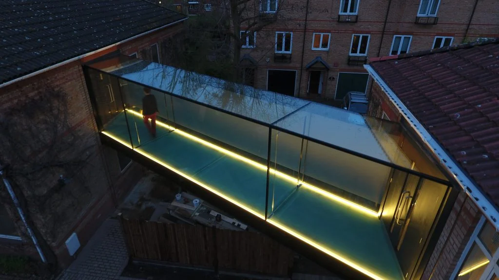 Glass Bridge Chiswick illuminated at night