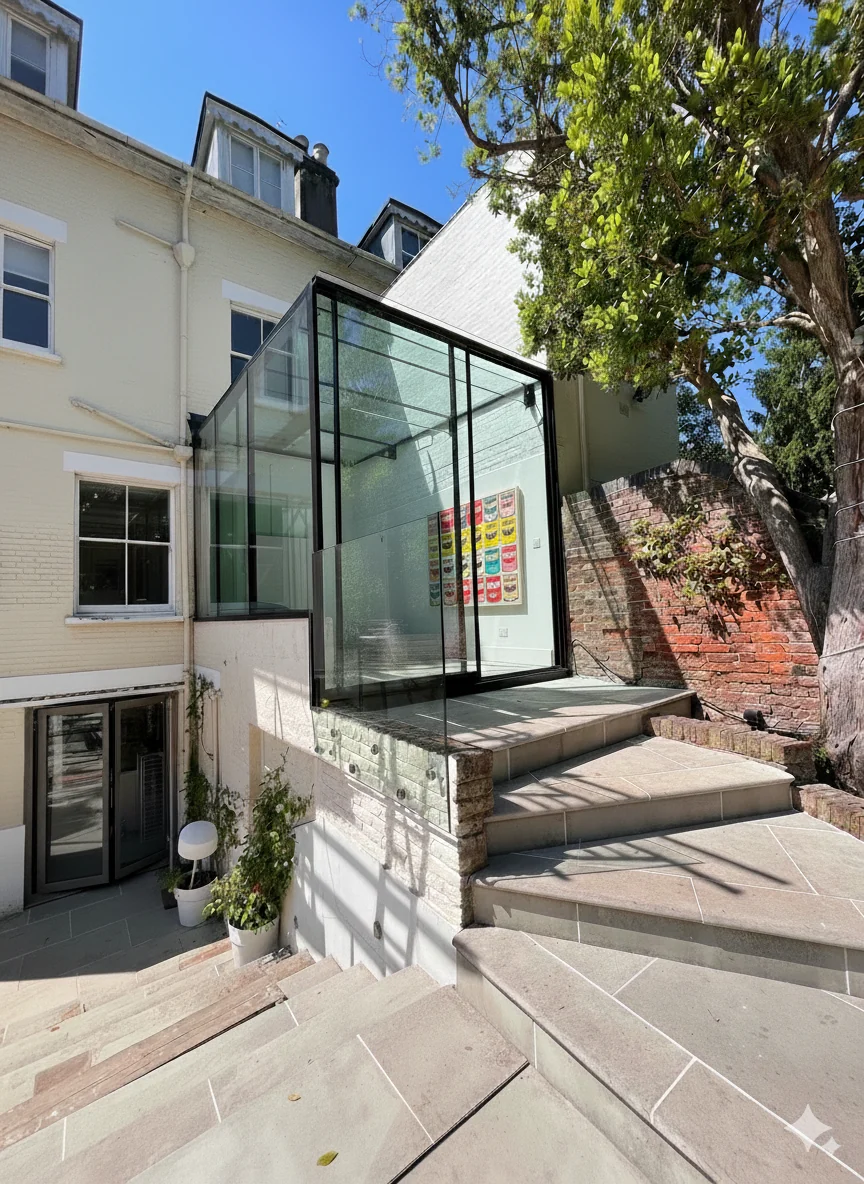 Glazed addition beside a house with garden steps and glass balustrades