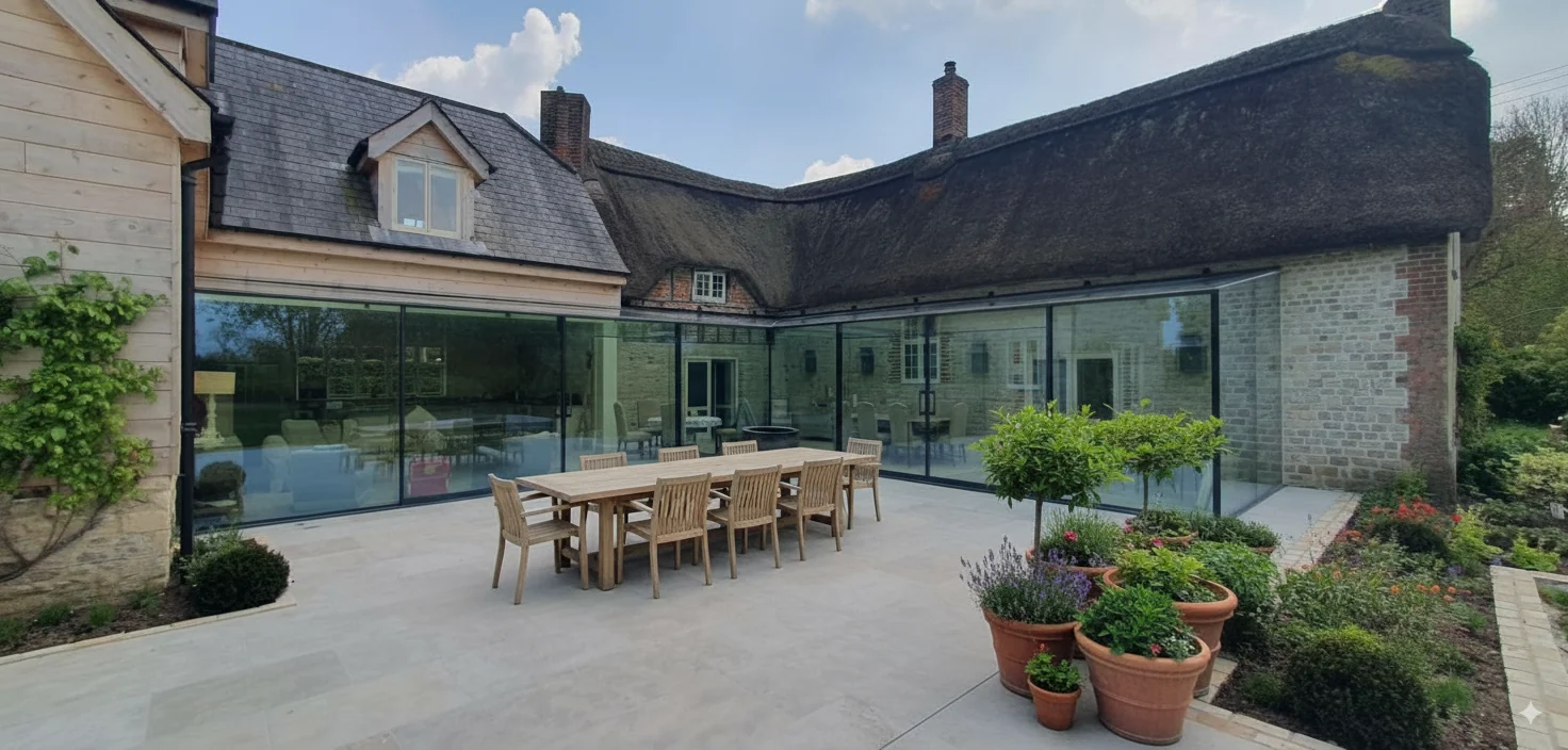 Home Farm glass link and thatched farmhouse beside the terrace