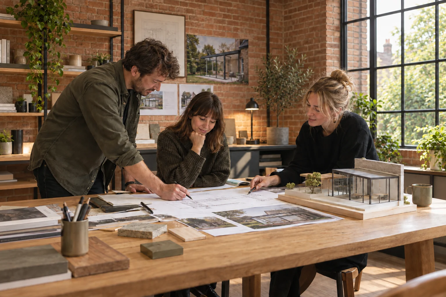 Illustrative design studio scene with three people reviewing glass extension plans