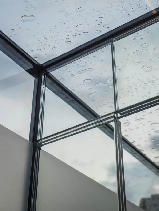 Structural glass roof and beam at Glass Bridge Chiswick