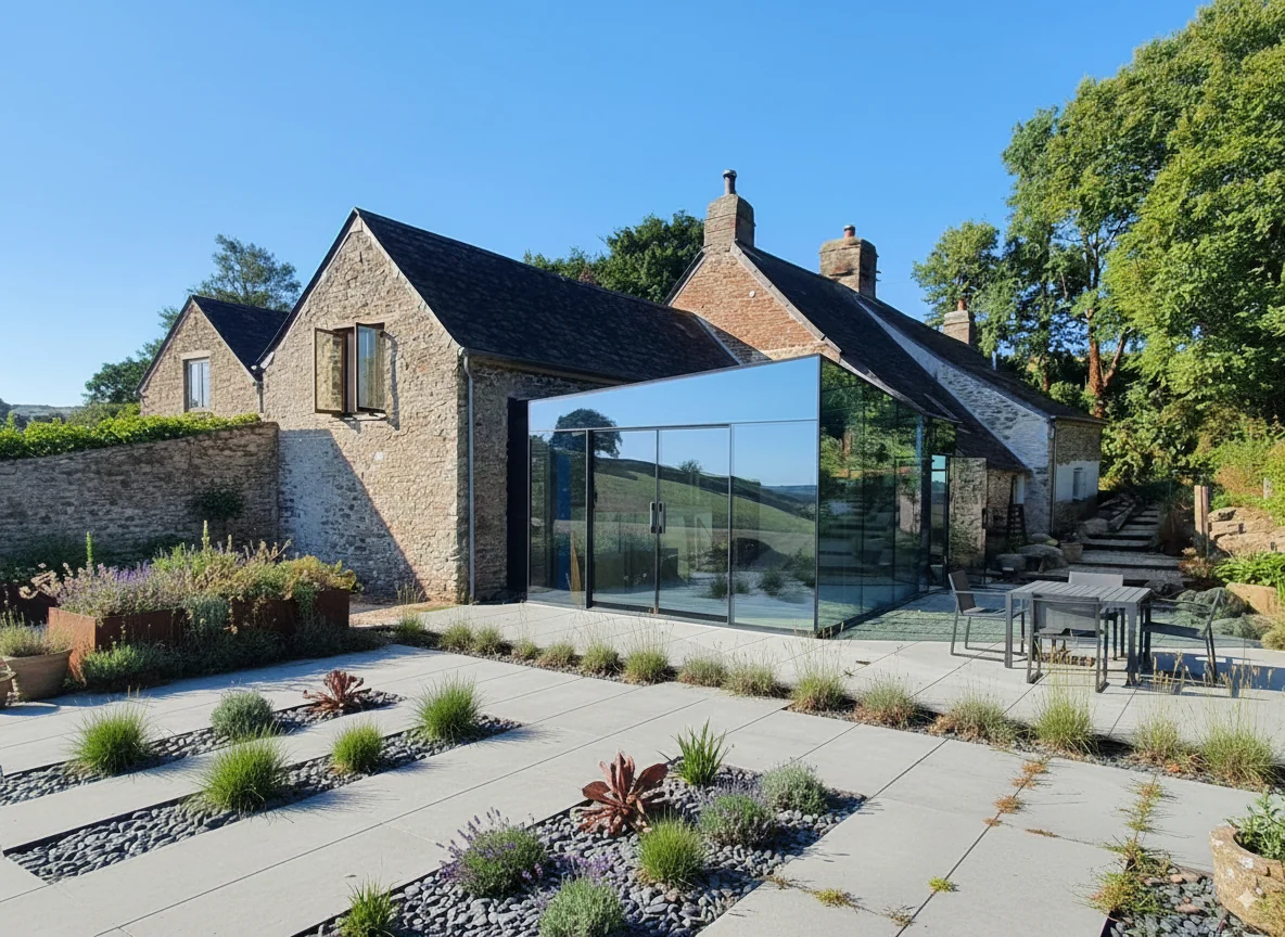 Thorn Farm glazed addition and landscaped terrace