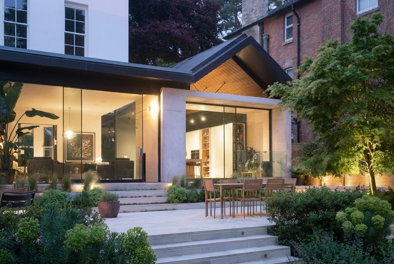 Illuminated glass doors overlooking a landscaped garden and dining terrace at dusk